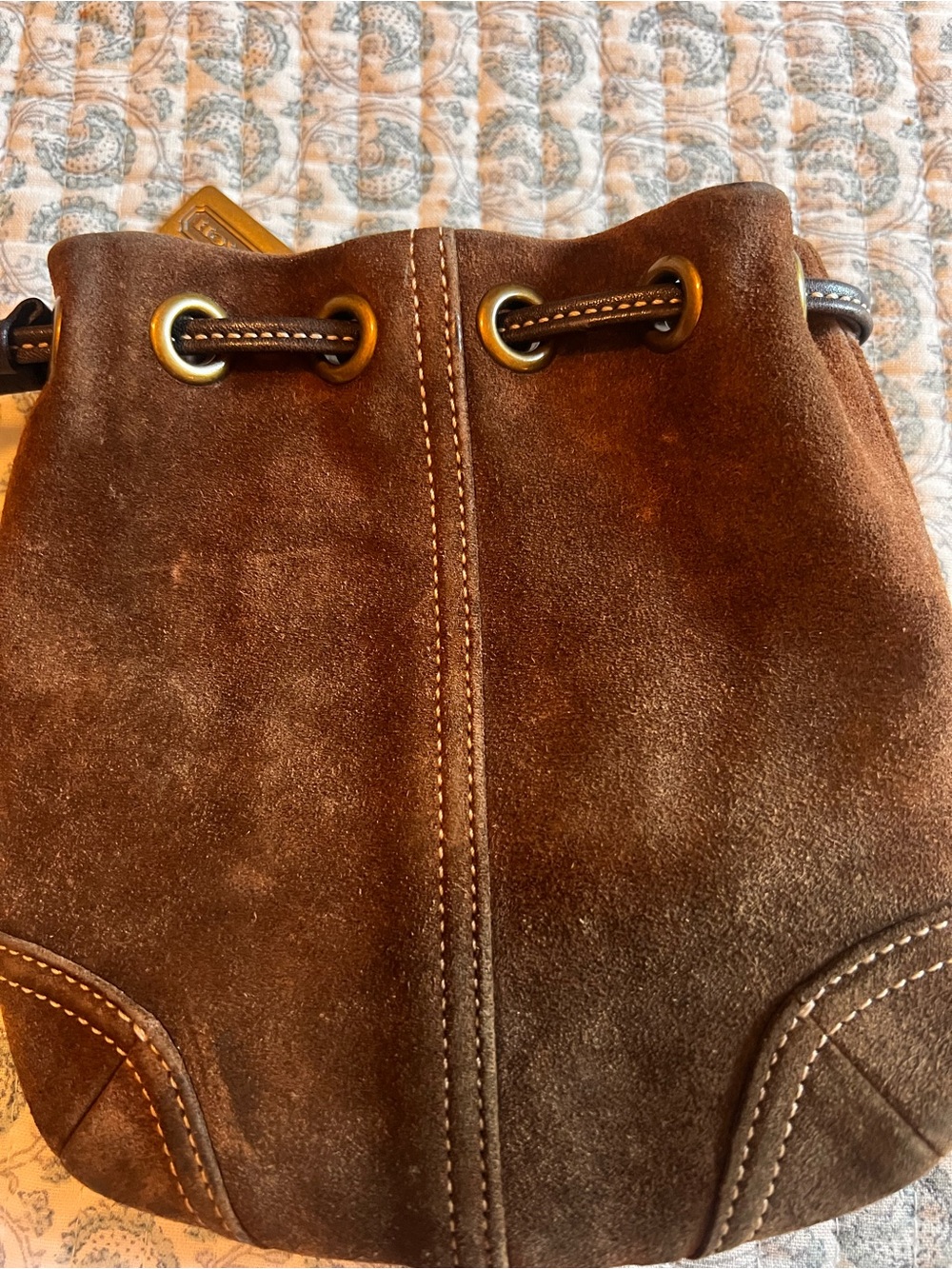 Coach Brown Suede Mini Drawstring Bucket Bag with Gold Hardware - Picture 3 of 7